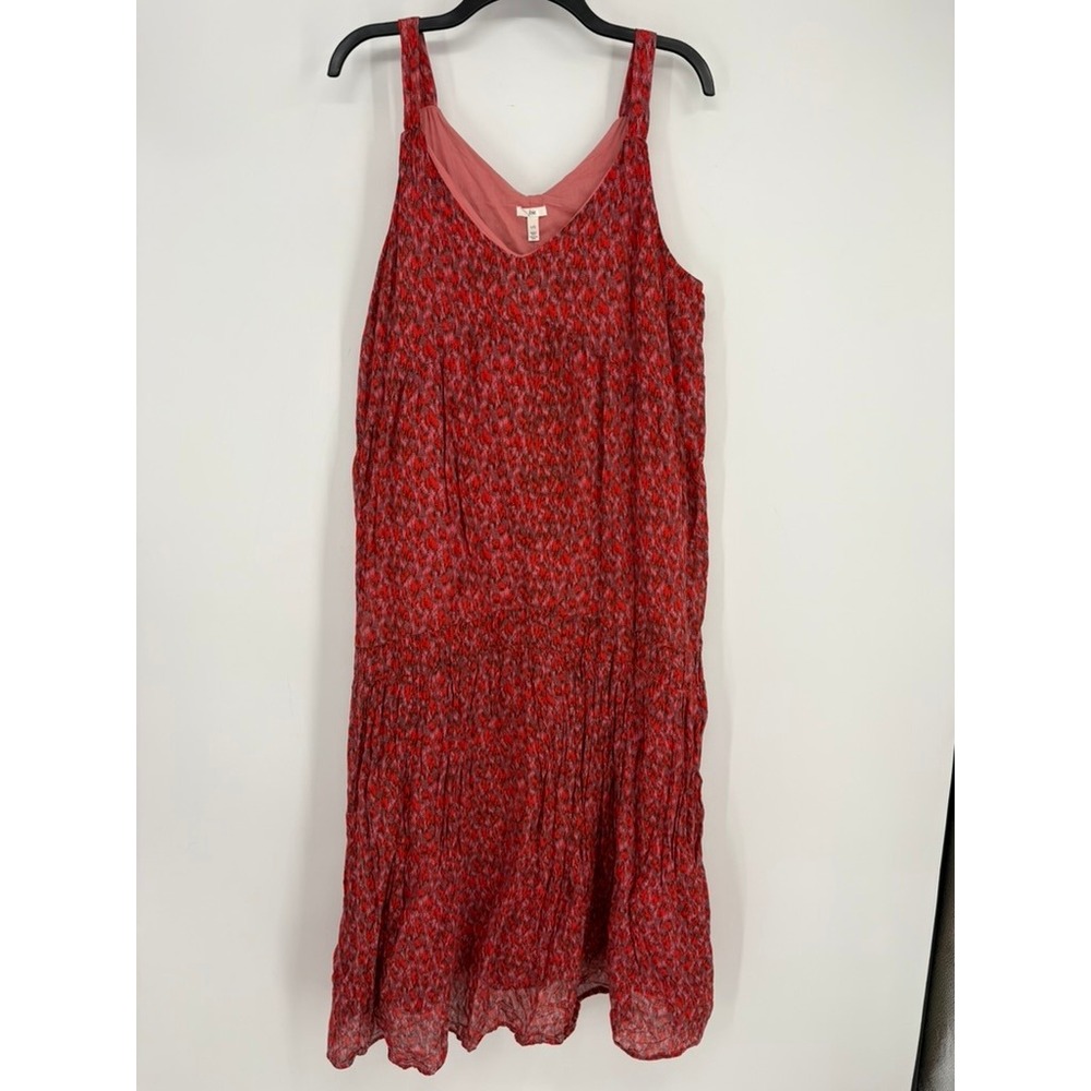 Joie Dress Womens Large Red Tea Rose Ikat Maxi V-Neck Cotton Tiered Boho